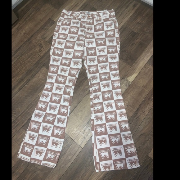 Free people x wrangler collab cream brown logo flare denim pants spring jeans - Picture 6 of 8